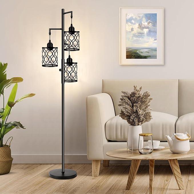 Dimmable Farmhouse Floor Lamp, Industrial Floor Lamp for Living Room with 3 X 6W LED Bulbs, 3 Light Rustic Standing Tall Lamp for Bedroom, Office, 68"