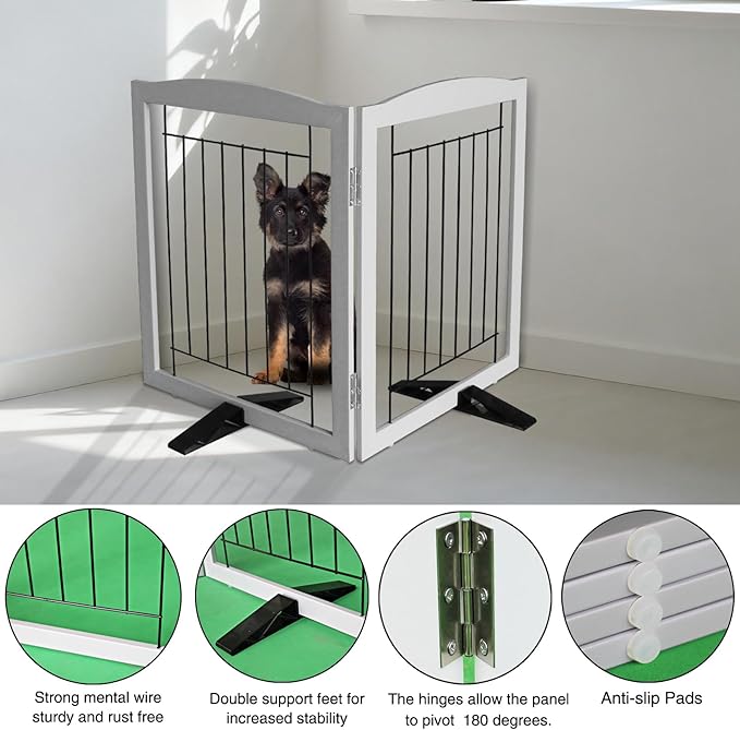 ZJSF Freestanding Dog Fence Indoor, Foldable Dog Gate for Doorways, Stairs or Hallways, Sturdy Wood Extra Wide Pet Gate with Support Feet for The House, Grey, 32 "Height-2 Panels