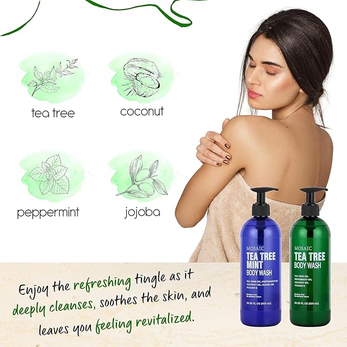 Tea Tree Body Wash with Mint & Shower Gel with Vitamin E for Jock Itch, Eczema, Ringworm, Body Odor, Body Wash Women & Men with Added Body Oils,LARGE 20.2 FL Oz Bottle (Tea Tree Mint, Pack of 3)