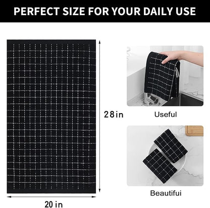 Homaxy 100% Cotton Terry Kitchen Towels(Black, 20 x 28 inches), Checkered Designed, Soft and Super Absorbent Dish Towels, Large 4 Pack