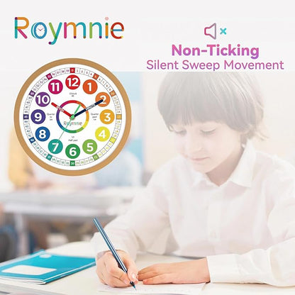 Roymnie12 Inch Wall Clock for Kids Learning to Tell Time Easily Analog Non Ticking Battery Operated Kids Teaching Clock Silent Colorful Teaching Time Clock Decorative for Kids Room Classroom School