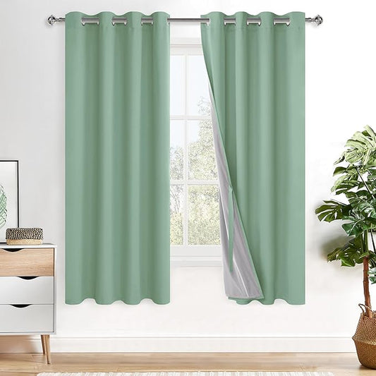XWZO 100% Blackout Curtains 2 Panels with Tiebacks- Double Layers Heat and Full Light Blocking Window Panels with Grommets for Narrow Short Windows, Light Sage, W52 x L72, Set of 2