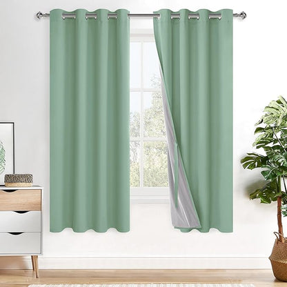 XWZO 100% Blackout Curtains 2 Panels with Tiebacks- Heat and Full Light Blocking Window Treatment with Black Liner for Bedroom/Nursery, Grommet Top, Light Sage, W52 x L63 Inches Long, Set of 2