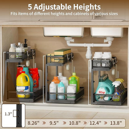 Under Sink Organizer 2 Pack, 2-Tier Slide Out Cabinet Organizer with Metal Sliding Drawer and Hooks, Pull Out Storage Baskets for Kitchen Bathroom Pantry Cabinet Organization (black)
