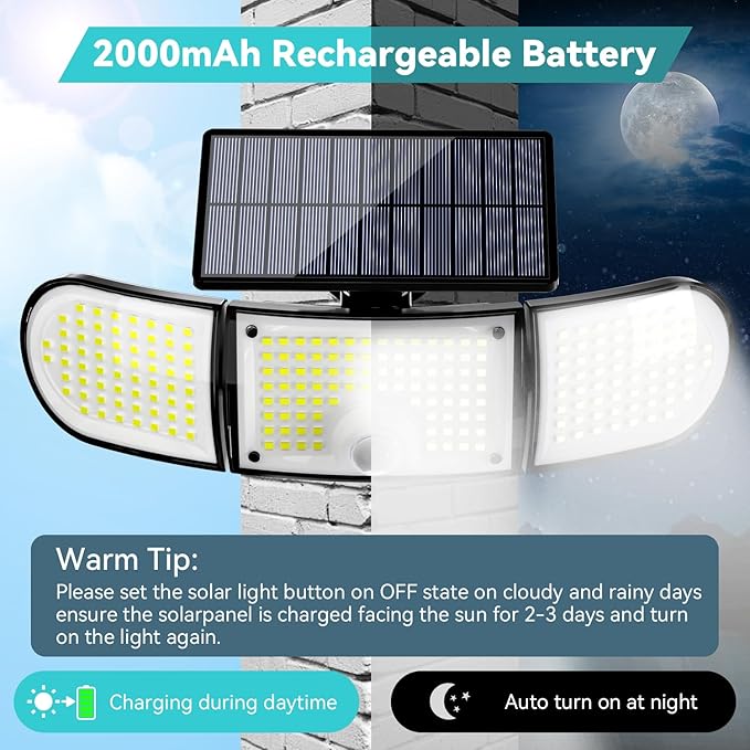 Solar Outdoor Lights, 3000LM 218 LED Motion Sensor Lights with Remote Control, IP65 Waterproof,270° Wide Angle Flood Wall Lights with 3 Modes for Outside Patio Wall(2 Packs)