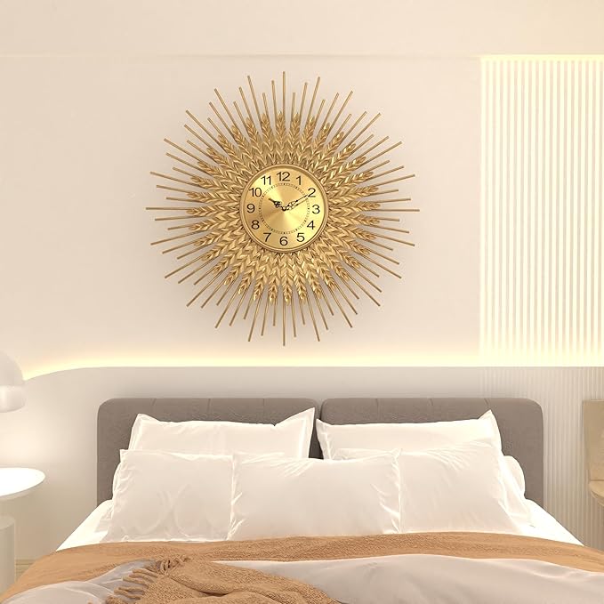 Large Mid Century Gold Wall Clock Decorative Modern Sunburst Wall Clocks, Metal Big Silent Non-Ticking Clock, Luxury Home Gift Decor for Living Room, Bedroom, Dining Room, 24 inch