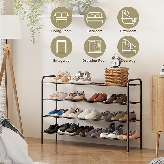 4-Tier Metal Shoe Rack, Free Standing Shoe Storage Rack for Entryway, Closet and Hallway (Black, 4-Tier-Long)