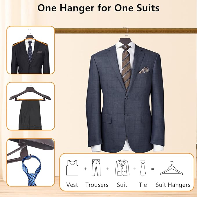 DEDU Suit Hangers for Men 15 Pack, Brown Coat Hangers Extra Wide Non Slip Width 17.7", Thick Plastic with Pants Bar & Metal Hook
