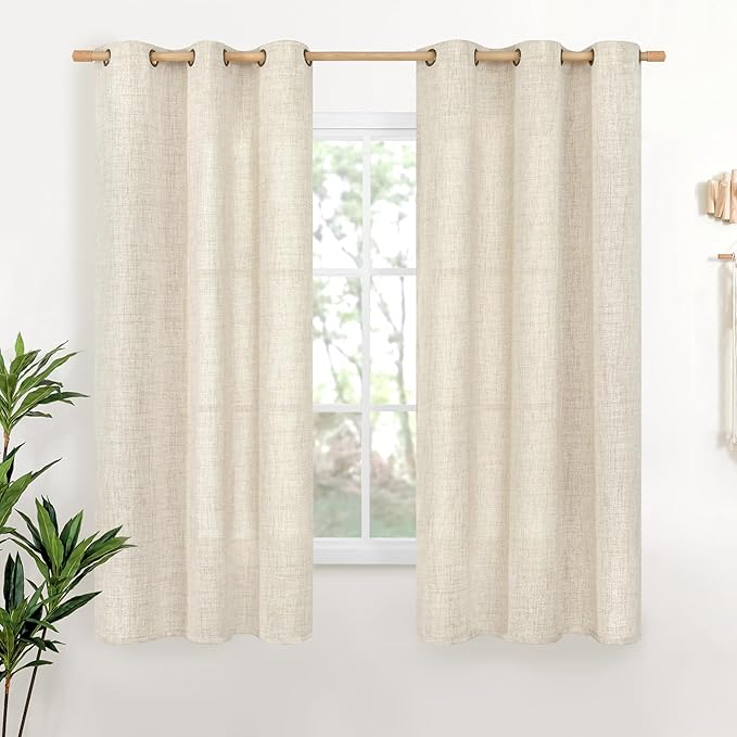 YoungsTex Linen Curtains 63 Inch Length for Living Room - Cream Semi Sheer Window Drapes Light Filtering with Bronze Grommet Textured Rustic for Bedroom Dining Farmhouse, 2 Panels, 42 x 63 Inch
