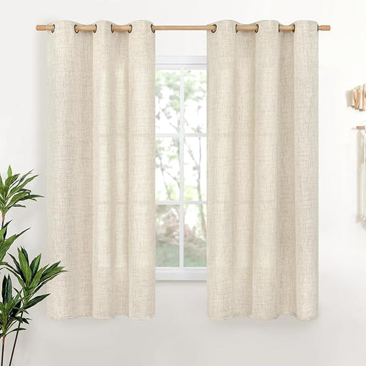 YoungsTex Linen Curtains 63 Inch Length for Living Room - Cream Semi Sheer Window Drapes Light Filtering with Bronze Grommet Textured Rustic for Bedroom Dining Farmhouse, 2 Panels, 42 x 63 Inch