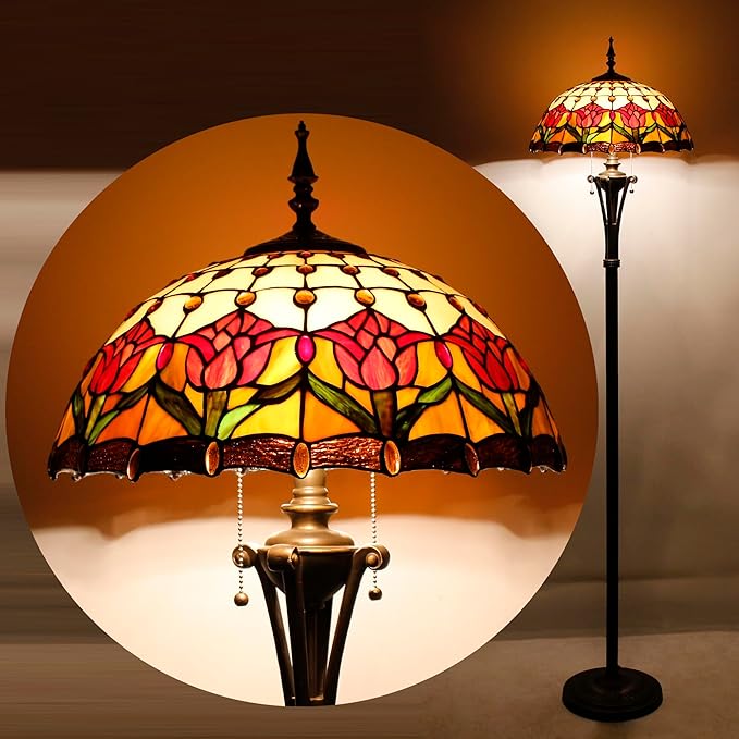 Tiffany Floor Lamp Red Amber Stained Glass Tulip Flower Standing Reading Light 16X16X70 Inches Antique Pole Corner Lamp Decor Bedroom Office Living Room