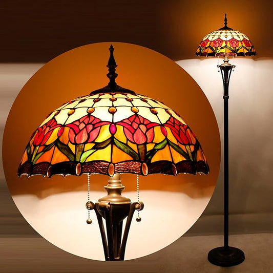 Tiffany Floor Lamp Red Amber Stained Glass Tulip Flower Standing Reading Light 16X16X70 Inches Antique Pole Corner Lamp Decor Bedroom Office Living Room