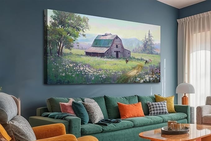 Acocifi Barn Picture Fall Wall Art for Farmhouse, Rustic Landscape Painting Farm Cow Print Textured Artwork Extra Large Framed for Living Room Bedroom Dining Room Kitchen Office Home Decor 58"x29"