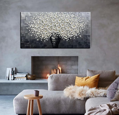 YaSheng Art - White Flower Oil Painting on Canvas 3D Thick Texture Black and White Floral Vase Canvas Wall Art Modern Abstract Art Home Bedroom, Dining Room, Living Room, Office Wall Decor 24x48inch