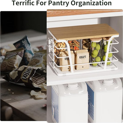 Pantry Organization & Kitchen Storage Containers - Stackable Fruit and Vegetable Storage with Lightweight PP Mat & Bamboo Top for Snacks, Produce,White