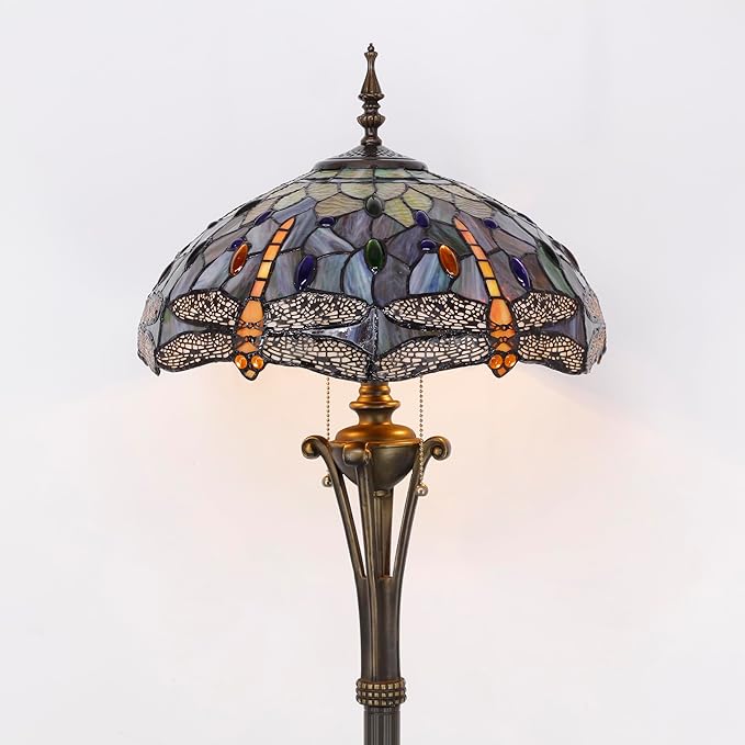 Tiffany Floor Lamp Brown Yellow Stained Glass Dragonfly Standing Reading Light 16X16X70 Inches Antique Pole Corner Lamp Decor Bedroom Office Living Room