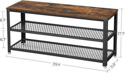 VASAGLE, 3-Tier Shoe Rack, Shelf Storage Bench with Metal Mesh Shelves and Seat, Free Standing Shoe Organizer for Entryway, 11.8 x 39.4 x 17.7 Inches, Rustic Brown and Black ULBS078B01