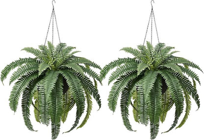 48" Artificial Boston Fern Hanging Plants with Basket - UV Resistant Fake Plant for Outdoor Indoor - Large Realistic Faux Greenery for Front Porch, Front Door, Patio Decor, Set of 2, VN142
