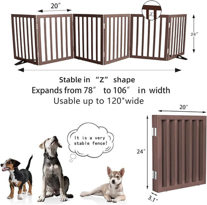 Dog Gate Indoor, Freestanding Dog Fence for The House, Doorways, Hallways,or Stairs,Pet Gate Foldable Wooden,Expandable 24" Height 6 Panels,Brown