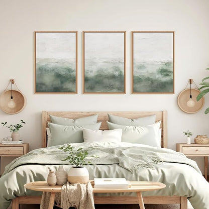 Large Abstract Sage Green Framed Canvas Wall Art,Neutral White and Grey Wall Decor,Modern Pastel Wall Painting,Illustrations Artwork for Living Room,Bedroom,Dining Room,Office -24"x36"x3