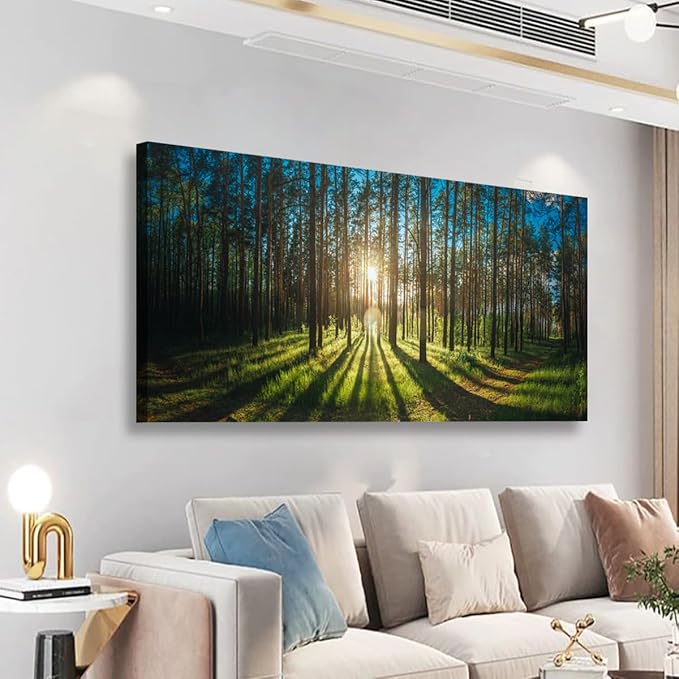 Sunrise Forest Pictures Canvas Wall Art for Living room Office Bedroom Wall Decor,Forest Wall Art Print Paintings Modern Green Nature Landscape Artwork Waterproof Ready to Hang-24x48 inch