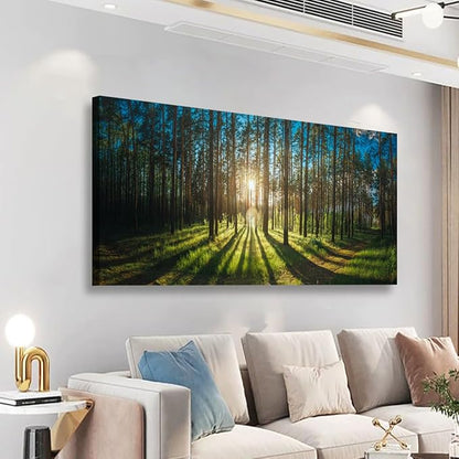 Sunrise Forest Pictures Canvas Wall Art for Living room Office Bedroom Wall Decor,Forest Wall Art Print Paintings Modern Green Nature Landscape Artwork Waterproof Ready to Hang-28x57 inch