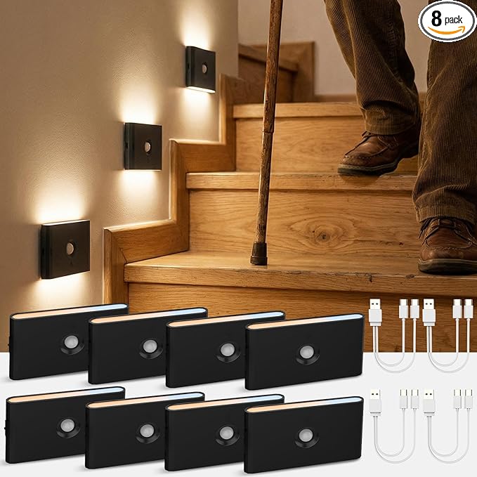 wowatt Rechargeable Motion Sensor Stair Light, Black Night Lights with Magnetic Mount, Dimmable Step Lights Indoor for Stairway, Hallway, Kitchen, Bathroom(8 Packs)