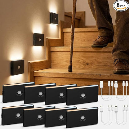 wowatt Rechargeable Motion Sensor Stair Light, Black Night Lights with Magnetic Mount, Dimmable Step Lights Indoor for Stairway, Hallway, Kitchen, Bathroom(8 Packs)