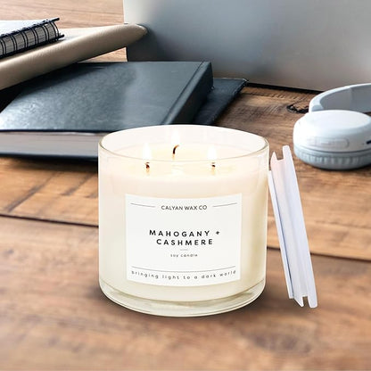 Calyan Wax Co. Mahogany & Cashmere 3 Wick Scented Candle - 43 Hour Burn - Luxury 3 Wick Soy Candles - Non Toxic Soy Wax Candles - Long Lasting Large Glass Jar Candle for Home - 14.9oz