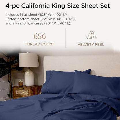 Threadmill California King Sheet Sets |Certified American Supima Cotton Sheets | 656 Thread Count 4 Piece Hotel Quality Luxury Bed Sheets Set with Elasticized Extra Deep Pocket | Folkstone Blue Sheets