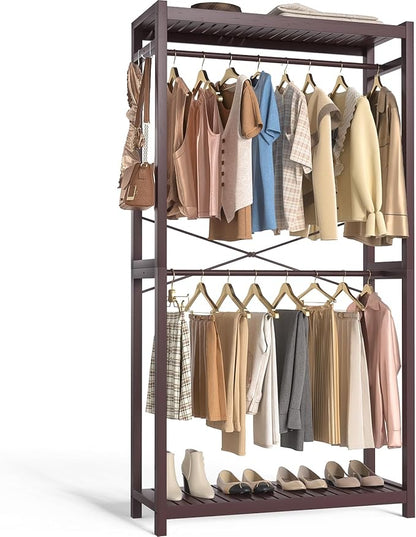 Homykic Bamboo Clothes Rack with Shelves and Double Hang Rods, Portable Closet System Garment Rack for Hanging Clothes, Tall Clothing Rack Corner Closet Organizer, Easy to Built, Espresso