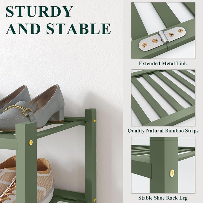 Smiry Bamboo Shoe Rack for Closet, 3 Tier Wooden Stackable Shoe Organizer, Free Standing Shoes Storage Shelf for Entryway, Front Door Entrance, Green