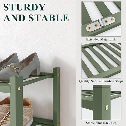 Smiry Bamboo Shoe Rack for Closet, 2 Tier Wooden Stackable Shoe Organizer, Free Standing Shoes Storage Shelf for Entryway, Front Door Entrance, Green