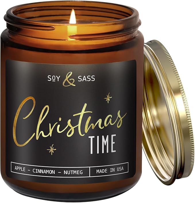 Christmas Candles Scented – ‘Christmas Time’ Soy Christmas Candle, w/Apple, Cinnamon, Clove - Infused with Essential Oils I Holiday Candles I 9oz, 50Hr, Made in USA