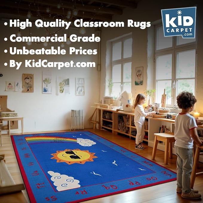 Shine Bright Learning Rainbow Rug 7'6" x 12' Rectangle for School or Classroom | Kids Learning Numbers, Colors & Alphabets | Playroom Area Rug