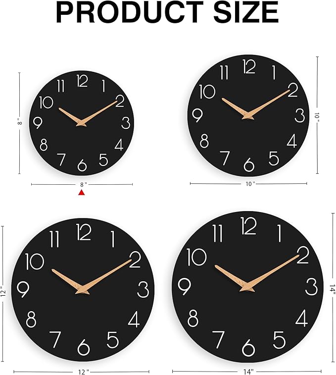 Wall Clock, Black Silent Non-Ticking, Decorative Battery Operated Wall Clocks for Bedroom, Kitchen, Home, Office, School, Hotel (8 Inch)