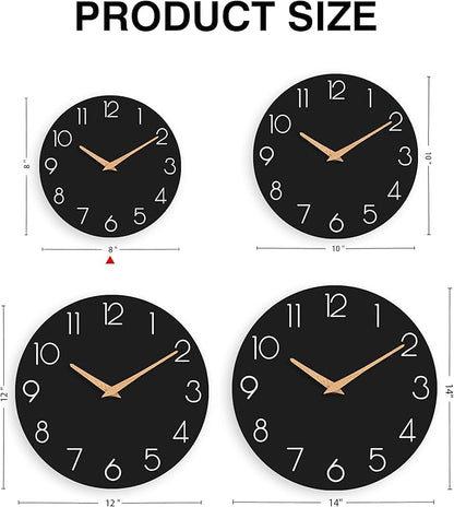 Wall Clock, Black Silent Non-Ticking, Decorative Battery Operated Wall Clocks for Bedroom, Kitchen, Home, Office, School, Hotel (8 Inch)
