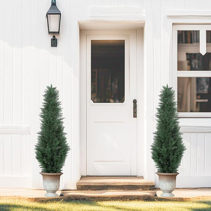 4FT Artificial Cedar Tree - Realistic Faux Cedar Trees for Outdoor Planters - Fake Cypress Trees for Front Porch - Faux Evergreen Plants for Home Porch Decor - Set of 2