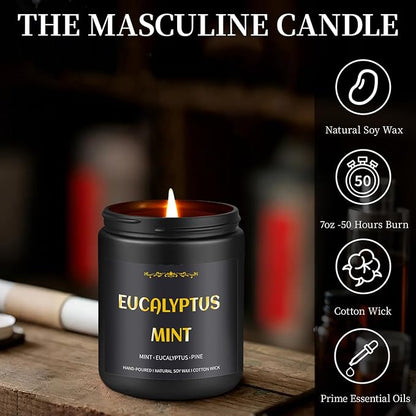 Eucalyptus Mint Candle, 7 oz Scented Candle for Men, Soy Candles for Home Scented, Masculine Jar Candle for Him, 50 Hours Burning Time Mens Candle Gift for Boyfriend, Father, Birthday Present Giving