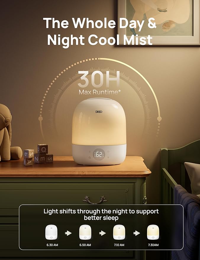 DREO Humidifiers for Bedroom Baby HM409S, Ultra Quiet 28dB & 3L Top Fill Cool Mist Humidifier for Nursery, Smart Air humidifier for Plants Indoor, 1500+ RGB Night Light & Sleep Routine Trainer