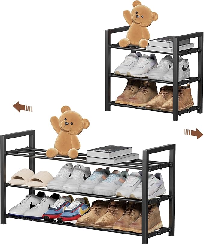 3-Tier Expandable Shoe Rack,Adjustable Shoe Shelf Storage Organizer Heavy Duty Metal Free Standing Shoe Rack for Entryway Closet Doorway (Black)