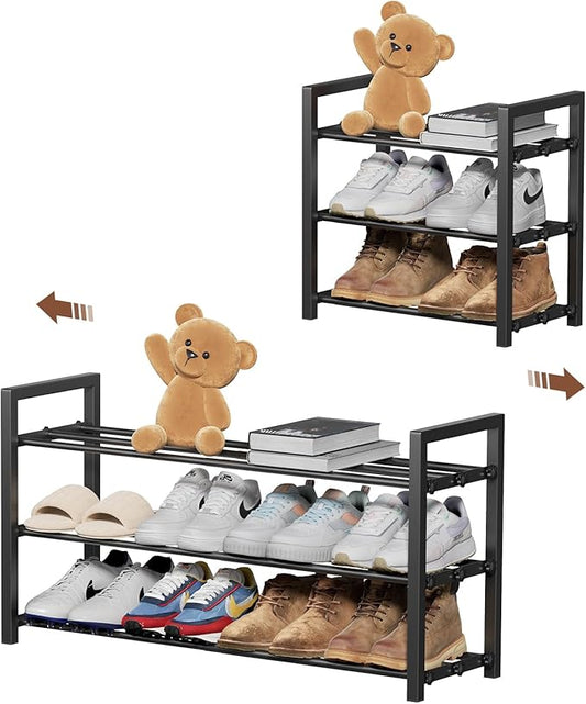 3-Tier Expandable Shoe Rack,Adjustable Shoe Shelf Storage Organizer Heavy Duty Metal Free Standing Shoe Rack for Entryway Closet Doorway (Black)