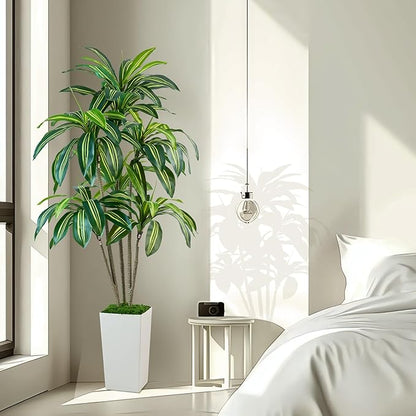 Dracaena Artificial Plants Indoor, 6FT Tall Faux Tree with White Tall Planter, Fake Yucca Tree Floor Plant, Artificial Trees for Home Office Living Room Garden Decor Outdoor, Housewarming Gift