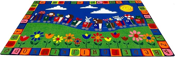 On The Train Kid's Rug 6' x 8'6", Multicolored Rectangle Kid Educational Learning Rug for School, Classroom, Learning Numbers & Alphabets for Kids Playroom