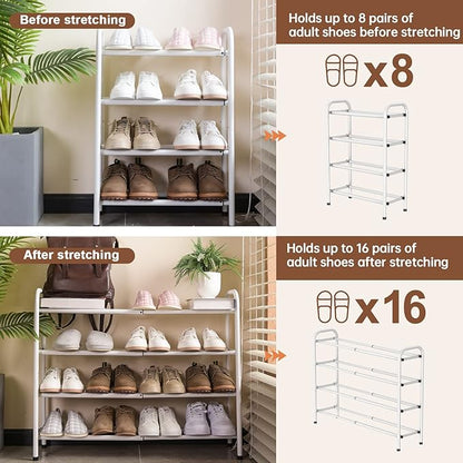 Gonfoam 4-Tier Expandable Shoe Rack,Adjustable Shoe Shelf Storage Organizer Heavy Duty Metal Free Standing Shoe Rack for Entryway Closet Doorway (White)