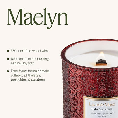 LA JOLIE MUSE Ruby Berry Bliss Scented Candle – Mandarin, Cranberry & Plum | 19 oz Festive Fall Candle | Wooden Wick | Clean Burn & Vibrant Scent | Fun Gift for Hosts & Fall Tablescapes