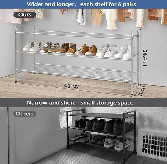 KEETDY 3-Tier Long Shoe Rack for Closet Metal Shoe Organizer for Entryway, Wide Stackable Shoe Storage Shelf with Sturdy Wire Grid for Closet Floor, Bedroom, Grey…