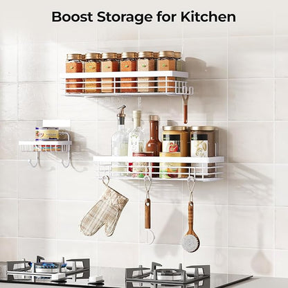 Orimade Adhesive Shower Caddy Soap Dish Holder Shelf with 5 Hooks Bathroom Organizer Basket Kitchen Storage Rack Wall Mounted No Drilling Stainless Steel - 3 Pack, White