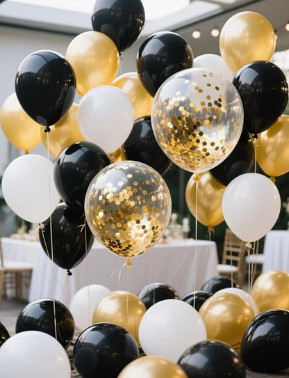 Black White Gold Confetti Balloons Garland Kit, 66Pcs 12 Inch Latex Party Balloons with Metallic Ribbons for Elegant Birthday Wedding Baby Shower Graduation Arch Decorations