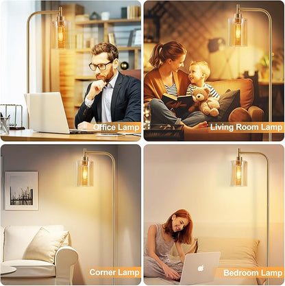 DLLT Floor Lamp Tall for Room: Gold Standing Lamp with Amber Glass Lampshade for Living Room - Modern Bright Lamp for Bedroom - Industrial Corner Floor Lamps for Office 8W Led Bulb Included